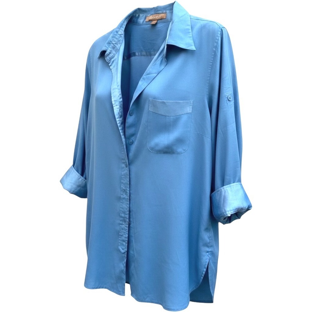 Ellen Tracy Womens Blue Roll Tab Sleeve Button Down Shirt Size M Pocket Stretch